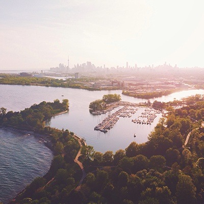 Aerial view of Toronto harbour and skyline