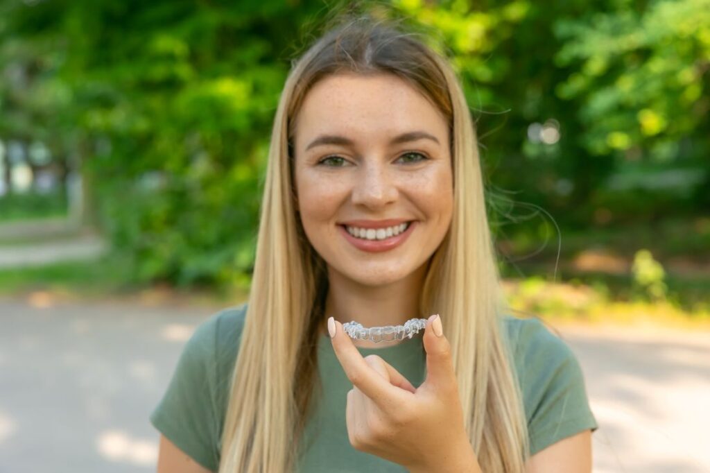 A woman holding an Invisalign aligner