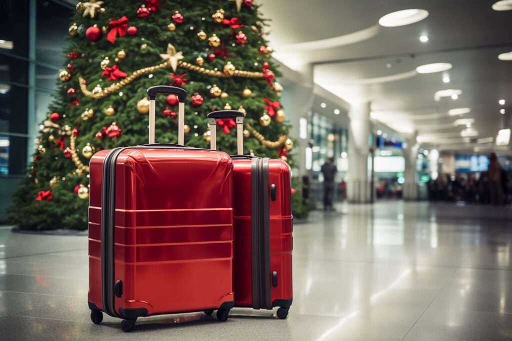 Two shiny red suitcase in front of decorated tree at airport